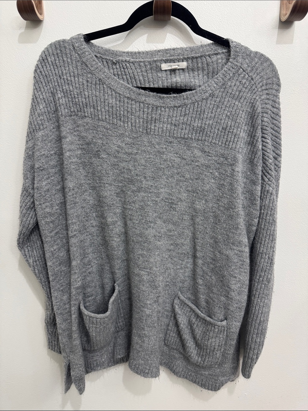Maurices Heather Gray Ribbed-Neck Pocket Crew Sweater